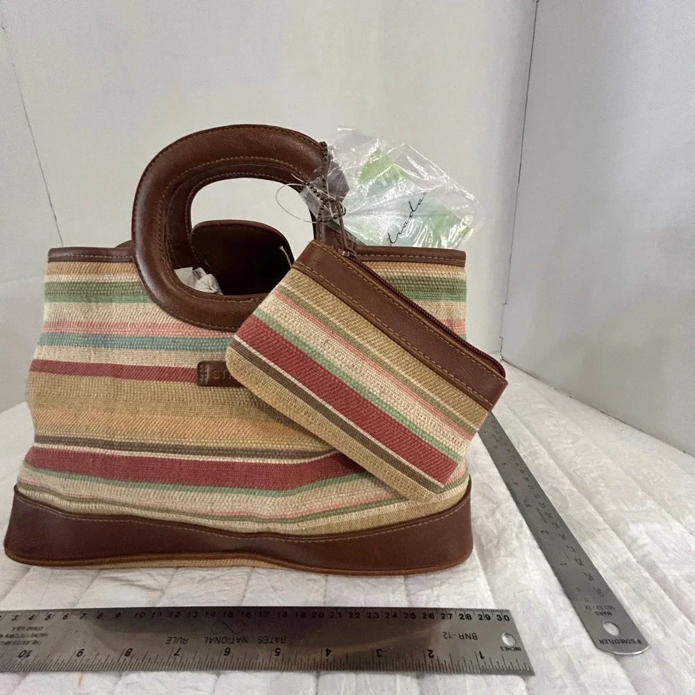 Strada Striped Canvas Handbag Brown Faux Leather Trim Satchel with Coin Purse